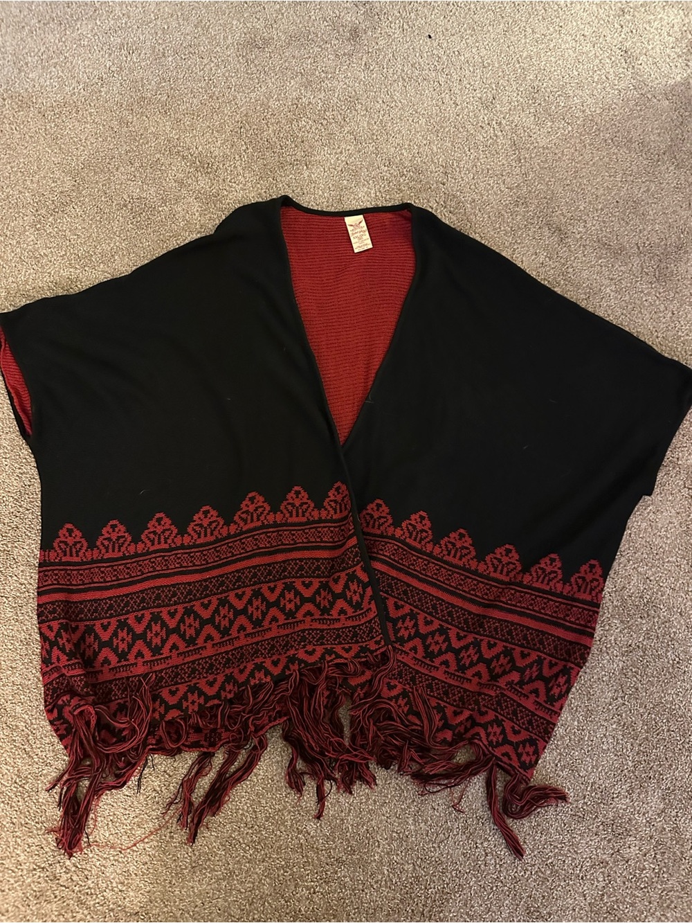 Faded Glory Black Open-Front Sweater Poncho with Red Patterned Border